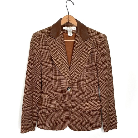 The Limited | Vintage Brown Houndstooth Leather Trim Fitted Blazer - Picture 1 of 7